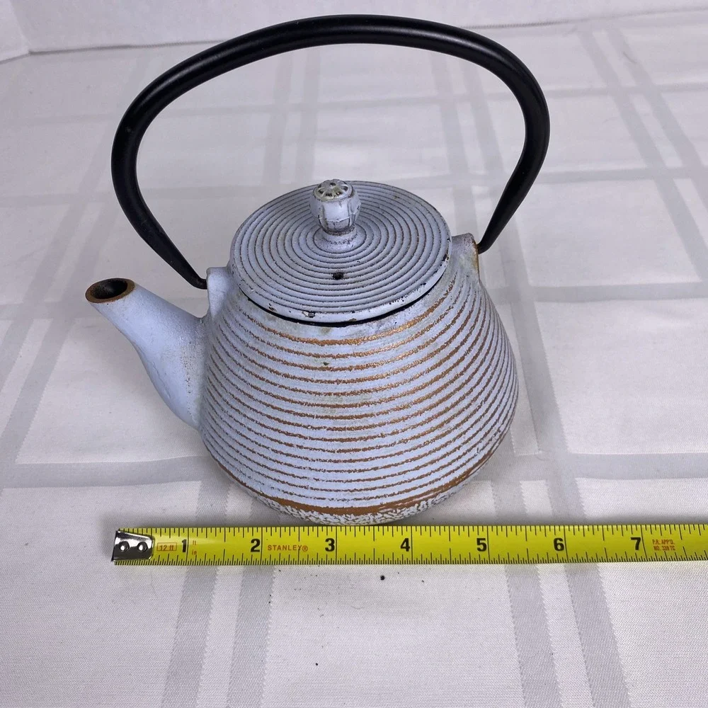 Cast Iron Tea Kettle with lid and‎ handle. Small 14-15oz Blue/Grey with stripes.